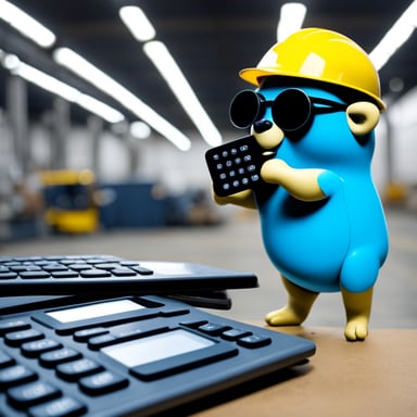 Go Blue Gopher in factory holding metal sheet and calculator.
