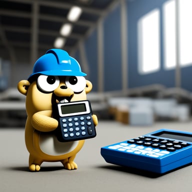 Go Blue Gopher in factory holding metal sheet and calculator.