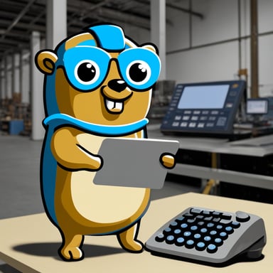 Go Blue Gopher in factory holding metal sheet and calculator.