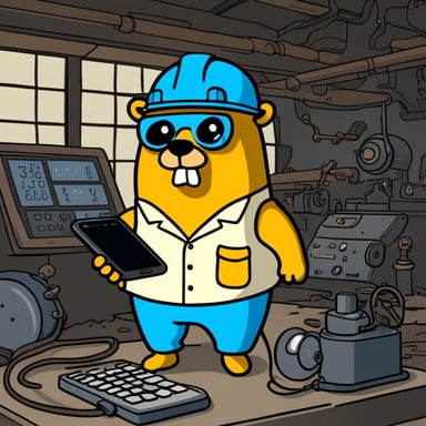 Go Blue Gopher with a phone and calculator at a metal factory.