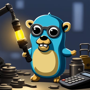 Go Blue Gopher with a phone and calculator at a metal factory.