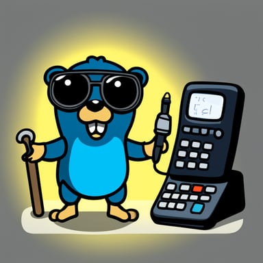 Go Blue Gopher with a phone and calculator at a metal factory.