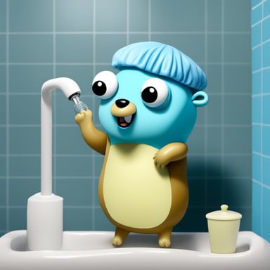 Go Blue Gopher with a shower cap preparing to take a shower.