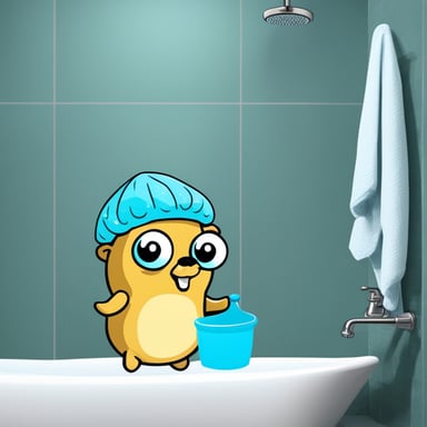 Go Blue Gopher with a shower cap preparing to take a shower.