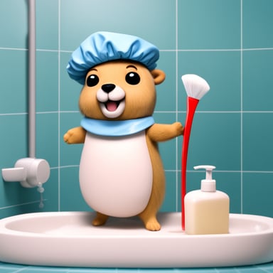 Go Blue Gopher with a shower cap is preparing to take a shower, holding a brush and a soap.