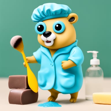 Go Blue Gopher with a shower cap is preparing to take a shower, holding a brush and a soap.