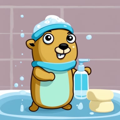 Go Blue Gopher with a shower cap is preparing to take a shower, holding a brush and a soap.