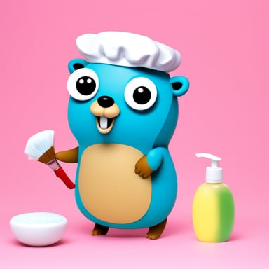 Go Blue Gopher with a shower cap is preparing to take a shower, holding a brush and a soap.