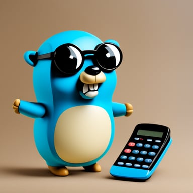 Go blue gopher with a phone in one hand and a calculator in the other, stands in front of a display.