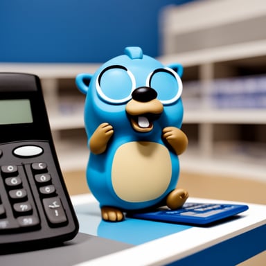Go blue gopher with a phone in one hand and a calculator in the other, stands in front of a display.