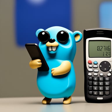 Go blue gopher with a phone in one hand and a calculator in the other, stands in front of a display.