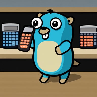 Go blue gopher with a phone in one hand and a calculator in the other, stands in front of a display.