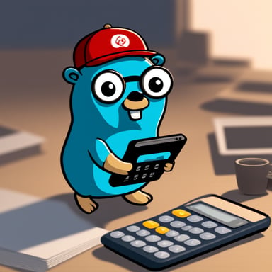 The go blue gopher is a 2D character with a cellphone in one hand and a calculator in the other.