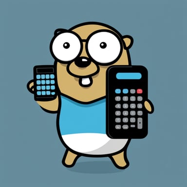The go blue gopher is a 2D character with a cellphone in one hand and a calculator in the other.