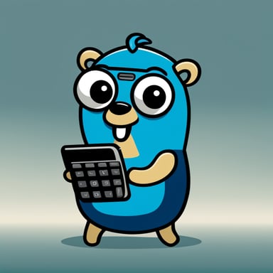 The go blue gopher is a 2D character with a cellphone in one hand and a calculator in the other.