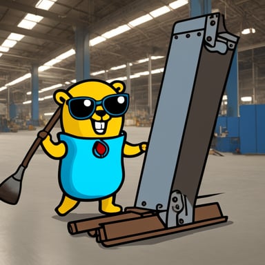 Go blue gopher holding a steel beam in hand at a factory.