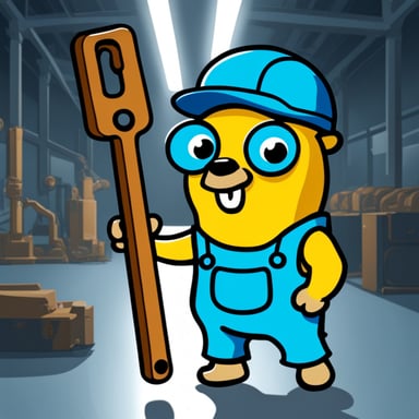 Go blue gopher holding a steel beam in hand at a factory.