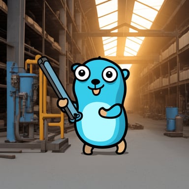 Go blue gopher holding a steel beam in hand at a factory.