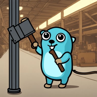 Go blue gopher holding a steel beam in hand at a factory.