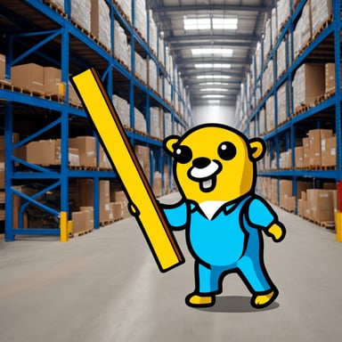 Go blue gopher holding a steel beam part in hand in a warehouse.