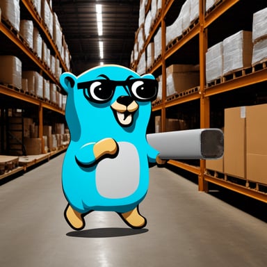 Go blue gopher holding a steel beam part in hand in a warehouse.