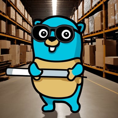 Go blue gopher holding a steel beam part in hand in a warehouse.