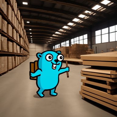 Go blue gopher holding a steel beam part in hand in a warehouse.