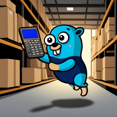 Go blue gopher, holding a steel beam part in hand in a warehouse, is equipped with a cell phone and calculator.