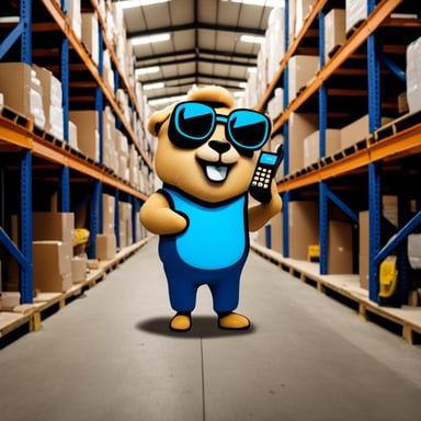 Go blue gopher, holding a steel beam part in hand in a warehouse, is equipped with a cell phone and calculator.