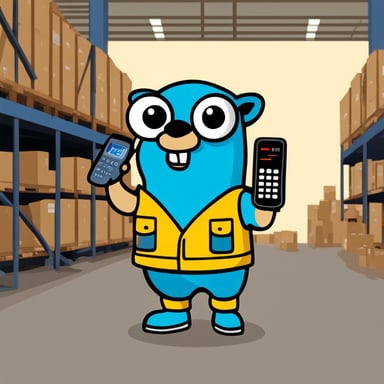 Go blue gopher, holding a steel beam part in hand in a warehouse, is equipped with a cell phone and calculator.
