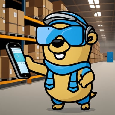 Go blue gopher, holding a steel beam part in hand in a warehouse, is equipped with a cell phone and calculator.