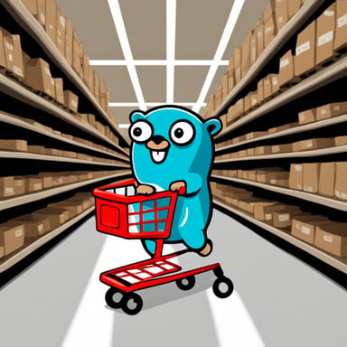 Go blue gopher with a shopping cart and a steel beam in it.