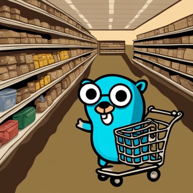 Go blue gopher with a shopping cart and a steel beam in it.