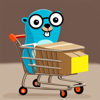 Go blue gopher with a shopping cart and a steel beam in it.