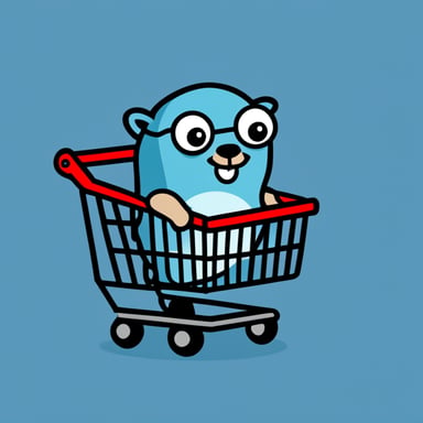Go blue gopher with a shopping cart and a steel beam in it.