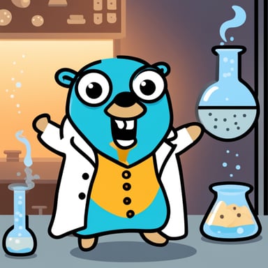 A go blue gopher in a lab coat, looking at a smoking beaker with an expression of surprise.