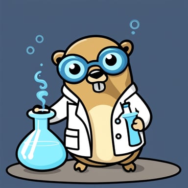 A go blue gopher in a lab coat, looking at a smoking beaker with an expression of surprise.