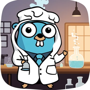 A go blue gopher in a lab coat, looking at a smoking beaker with an expression of surprise.