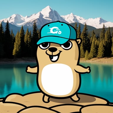 Go Blue Gopher smiles in a white baseball cap, with a turquoise lake behind and mountains with fir trees on the far bank. The light sky and shining sun frame the scene.