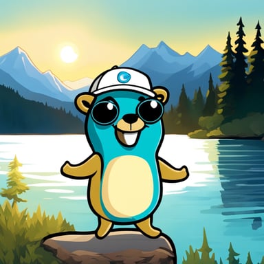 Go Blue Gopher smiles in a white baseball cap, with a turquoise lake behind and mountains with fir trees on the far bank. The light sky and shining sun frame the scene.