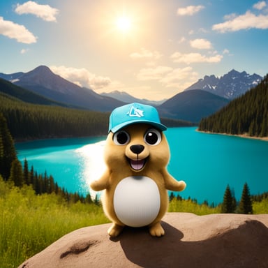 Go Blue Gopher smiles in a white baseball cap, with a turquoise lake behind and mountains with fir trees on the far bank. The light sky and shining sun frame the scene.