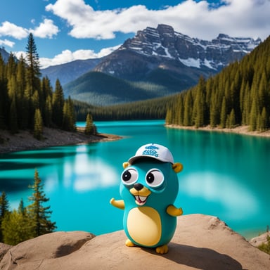 Go Blue Gopher smiles in a white baseball cap, with a turquoise lake behind and mountains with fir trees on the far bank. The light sky and shining sun frame the scene.