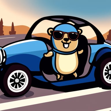 Cool Go Blue Gopher in a sport car.