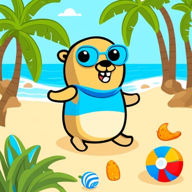 Go Blue Gopher enjoys a sunny beach with palms.