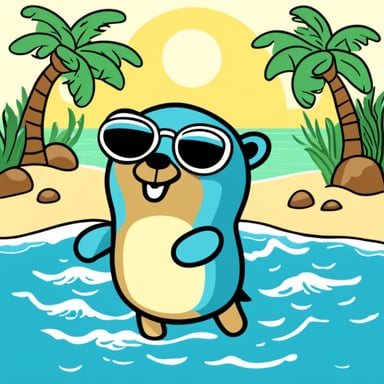 Go Blue Gopher enjoys a sunny beach with palms.