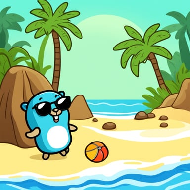 Go Blue Gopher enjoys a sunny beach with palms.