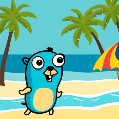 Go Blue Gopher enjoys a sunny beach with palms.