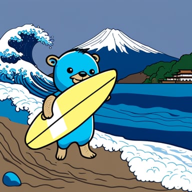Go Blue Gopher surfing on a wave near Kanagawa with Mount Fuji in the background.
