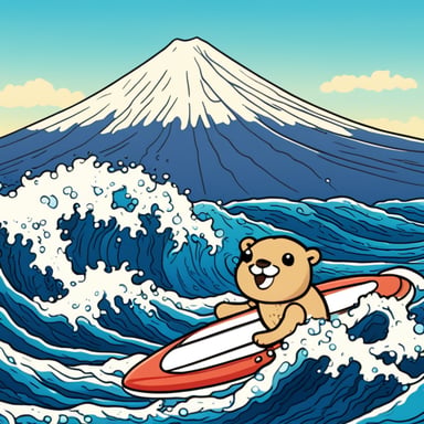 Go Blue Gopher surfing on a wave near Kanagawa with Mount Fuji in the background.