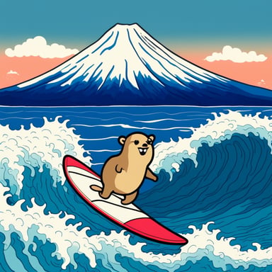 Go Blue Gopher surfing on a wave near Kanagawa with Mount Fuji in the background.